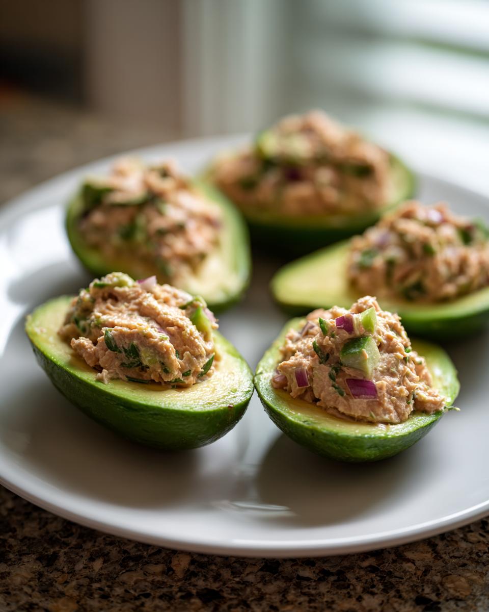 Four halves of avocado filled with creamy tuna salad, ready to eat as Tuna Avocado Boats.