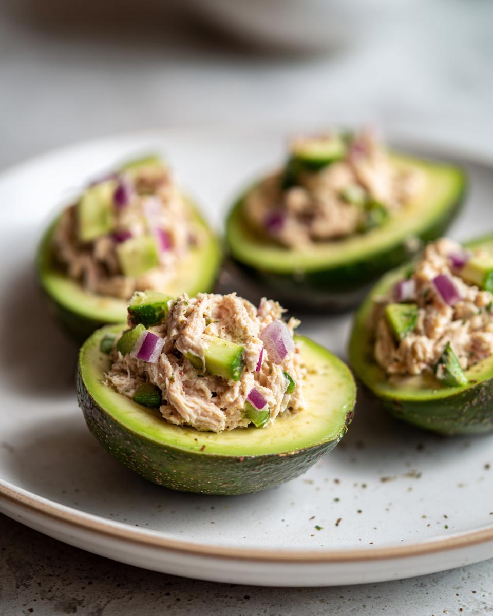 Four halves of avocado filled with tuna salad, known as Tuna Avocado Boats, topped with diced red onion and cucumber.