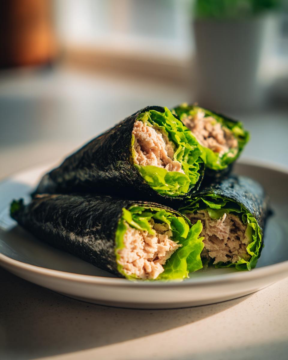 Three Tuna Salad Nori Wraps, cut in half to show tuna filling and lettuce, stacked on a white plate.