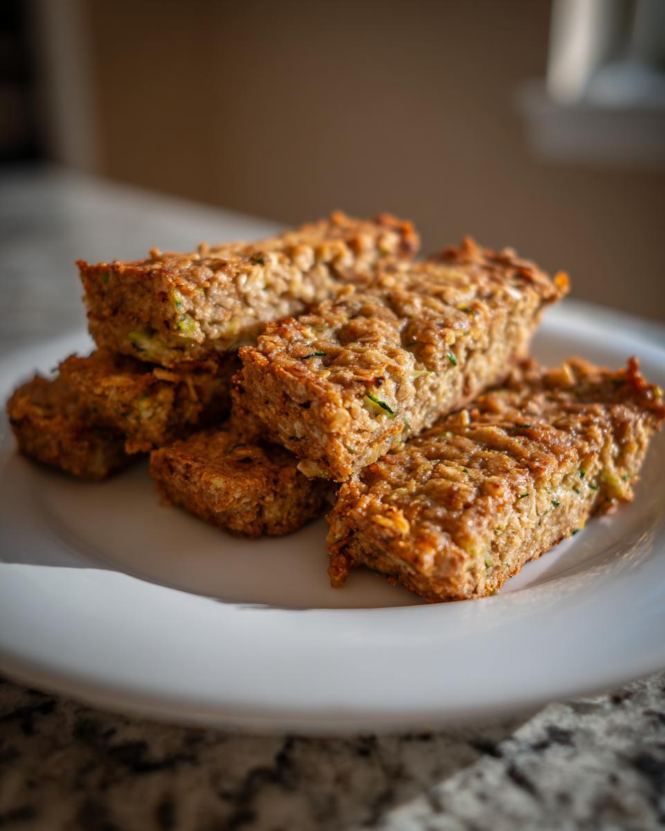 A stack of baked Vegan Zucchini And Oatmeal Sticks on a white plate, showing texture and flecks of green zucchini.
