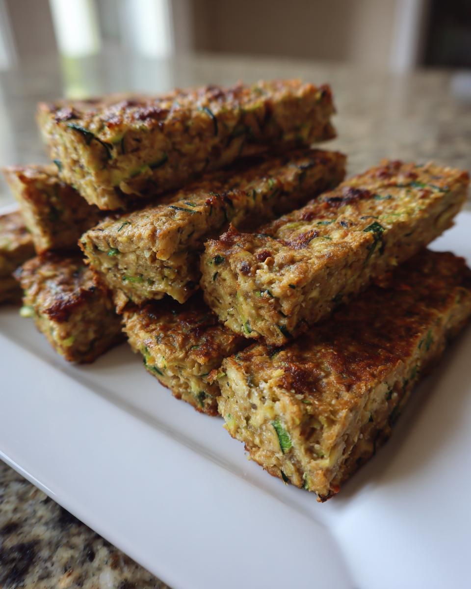 A stack of golden-brown Vegan Zucchini And Oatmeal Sticks piled on a white rectangular plate.