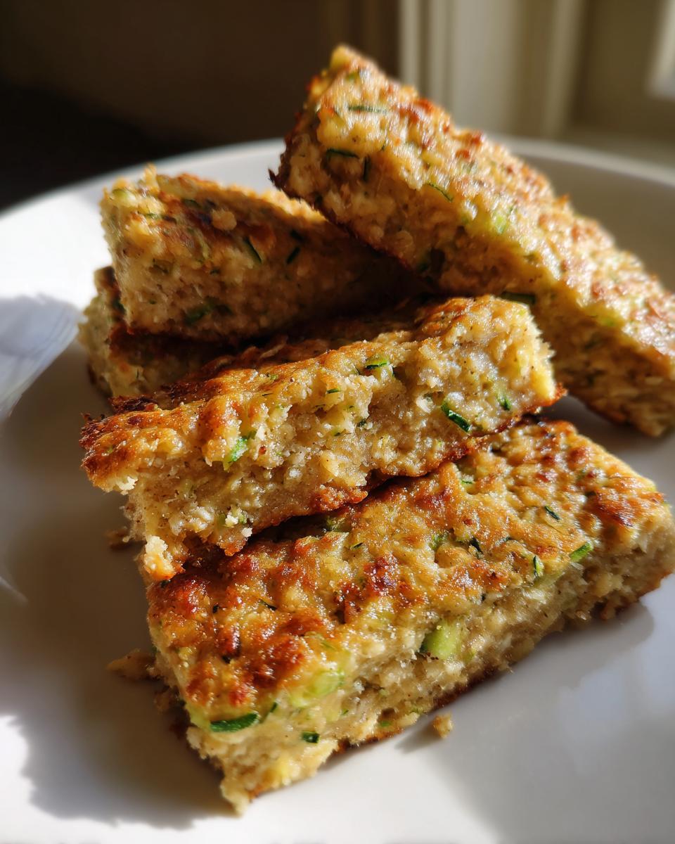 Close-up of stacked, golden-brown Vegan Zucchini And Oatmeal Sticks showing flecks of green zucchini.