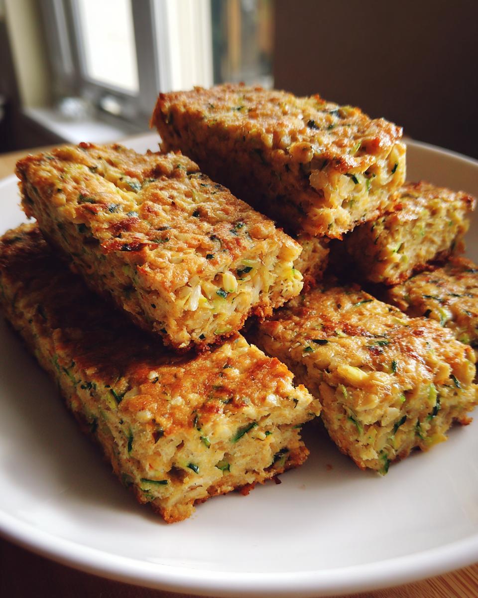 A stack of golden-brown Vegan Zucchini And Oatmeal Sticks on a white plate, showing visible shreds of zucchini.