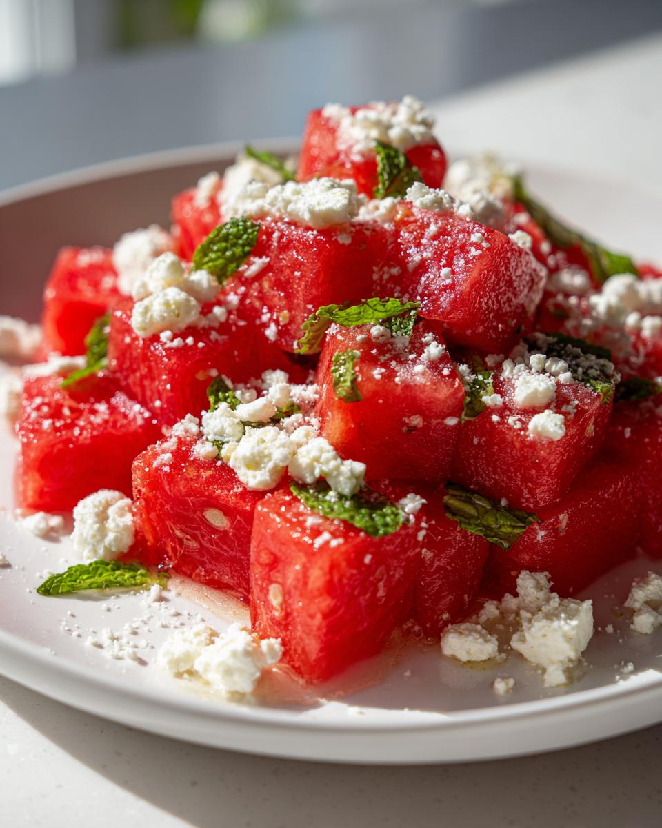 Close-up of vibrant Watermelon Feta Salad With Mint cubes topped with crumbled feta and fresh mint leaves.