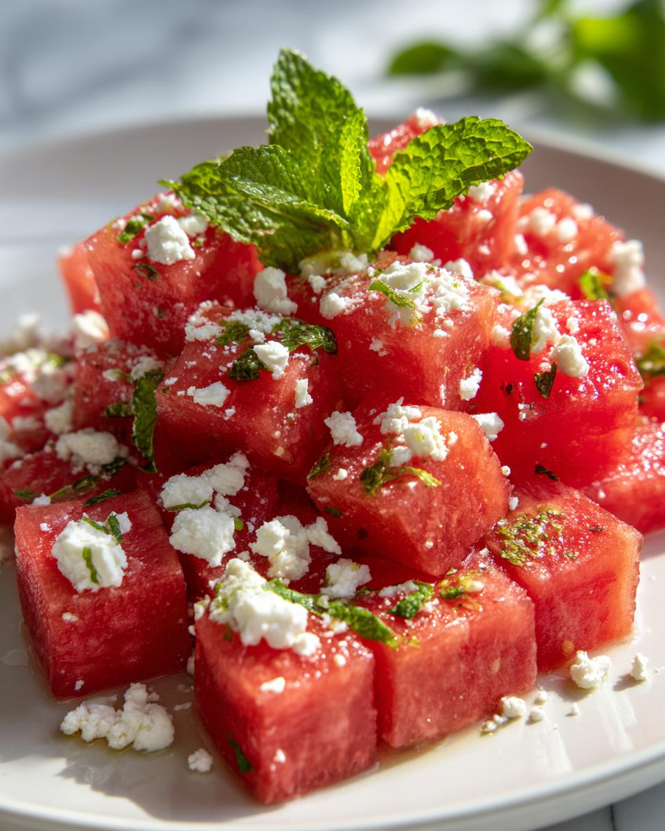 Close-up of juicy, cubed watermelon topped with crumbled feta cheese and fresh mint, perfect for Watermelon Feta Salad With Mint.