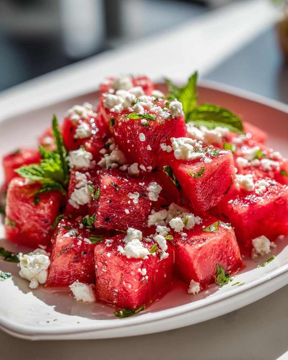 Close-up of bright red watermelon cubes topped with crumbled feta cheese and fresh mint leaves in a Watermelon Feta Salad With Mint.
