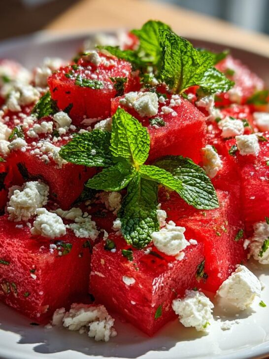 Close-up of vibrant Watermelon Feta Salad With Mint cubes garnished with fresh mint sprigs and crumbled feta cheese.