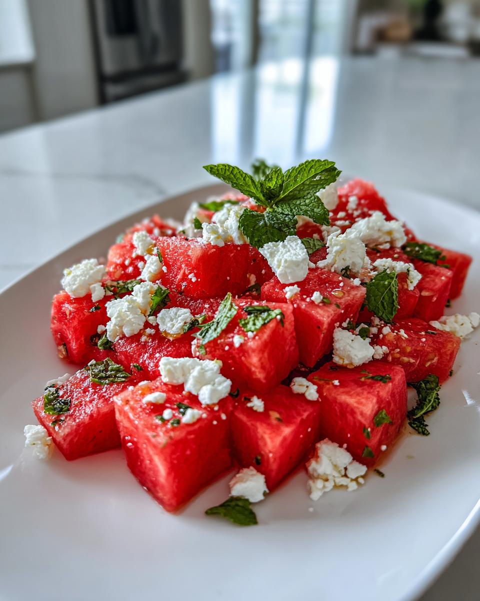Close-up of vibrant Watermelon Feta Salad With Mint, featuring cubed watermelon, crumbled feta, and fresh mint leaves.