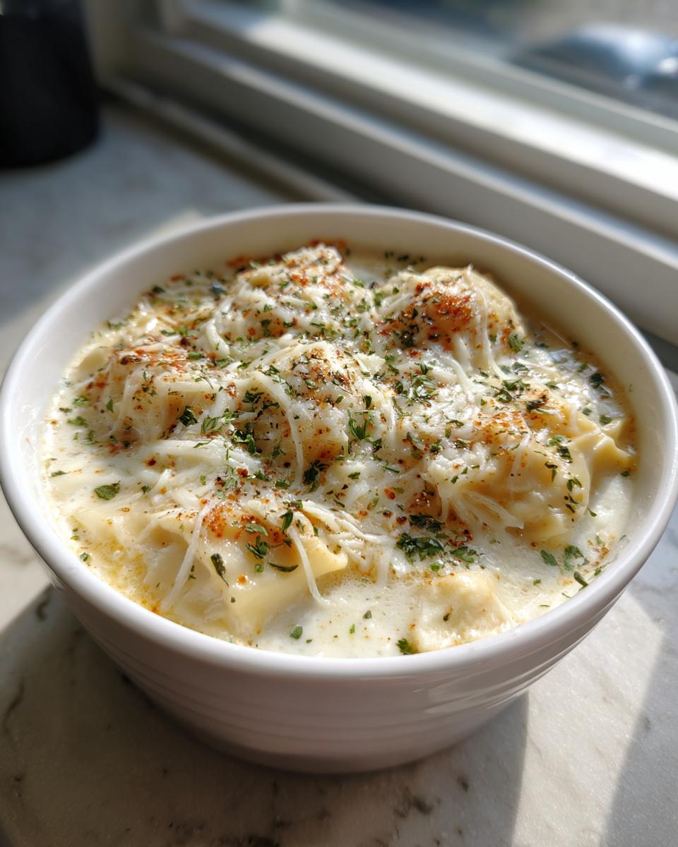 A close-up of a bowl of creamy White Lasagna Soup topped with melted cheese, herbs, and paprika.