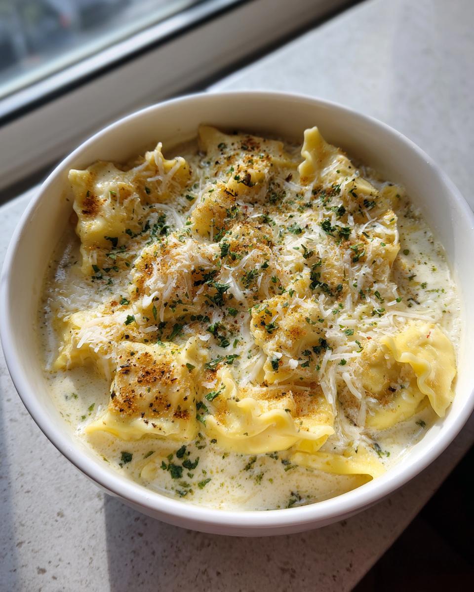 A close-up of a white bowl filled with rich White Lasagna Soup featuring pasta pieces, creamy sauce, Parmesan, and herbs.