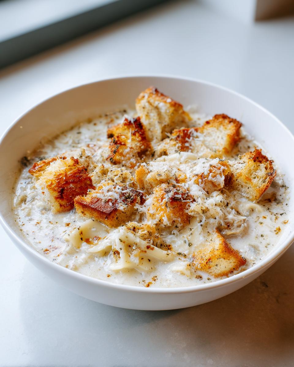 Close-up of a bowl of creamy White Lasagna Soup topped with golden croutons and grated Parmesan cheese.