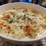 A close-up photo of a serving of White Lasagna Soup in a white bowl, topped with melted cheese and parsley.